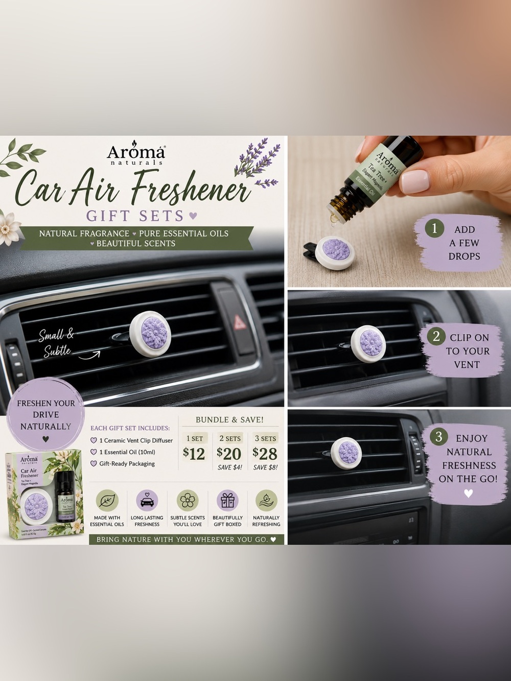 Aroma Ceramic Car Diffuser Gift Set w/ Essential Oil NEW